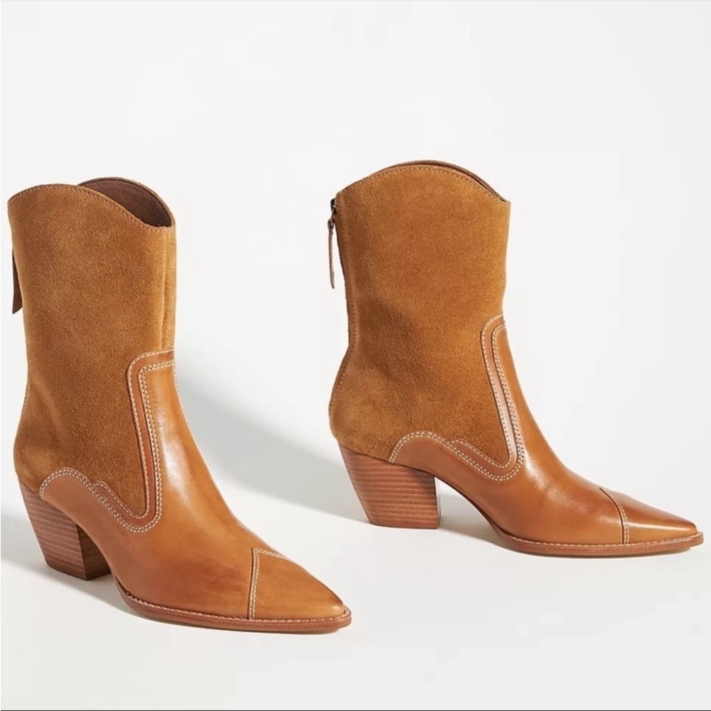 Anthropologie Carina Leather Western Heel Booties Honey Brown Size 10 NWT